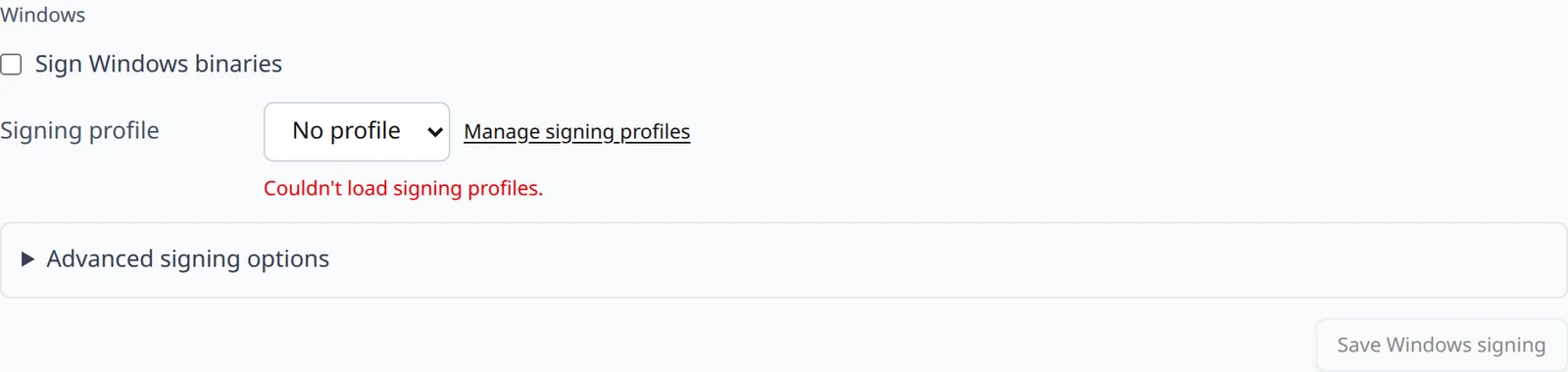 The Windows group of the Platform Specific Configurations panel, showing the Sign Windows binaries checkbox, the Signing profile select with its Manage signing profiles link, and the collapsed Advanced signing options.