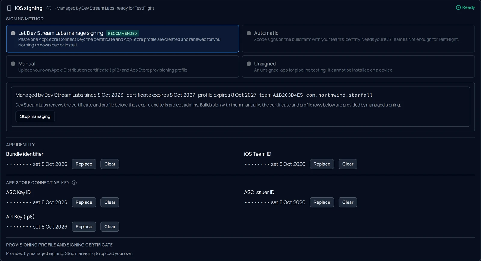 The iOS signing section of a branch with managed signing on: the header reads Managed by Dev Stream Labs · ready for TestFlight · Ready; the Signing method chooser is locked on Let Dev Stream Labs manage signing; the box below shows the date it started, the certificate and profile expiry dates, the team ID and the bundle identifier, with a Stop managing button; under it the bundle identifier, team ID and the three App Store Connect key fields show as set with Replace and Clear buttons, and the certificate and profile rows read Provided by managed signing.