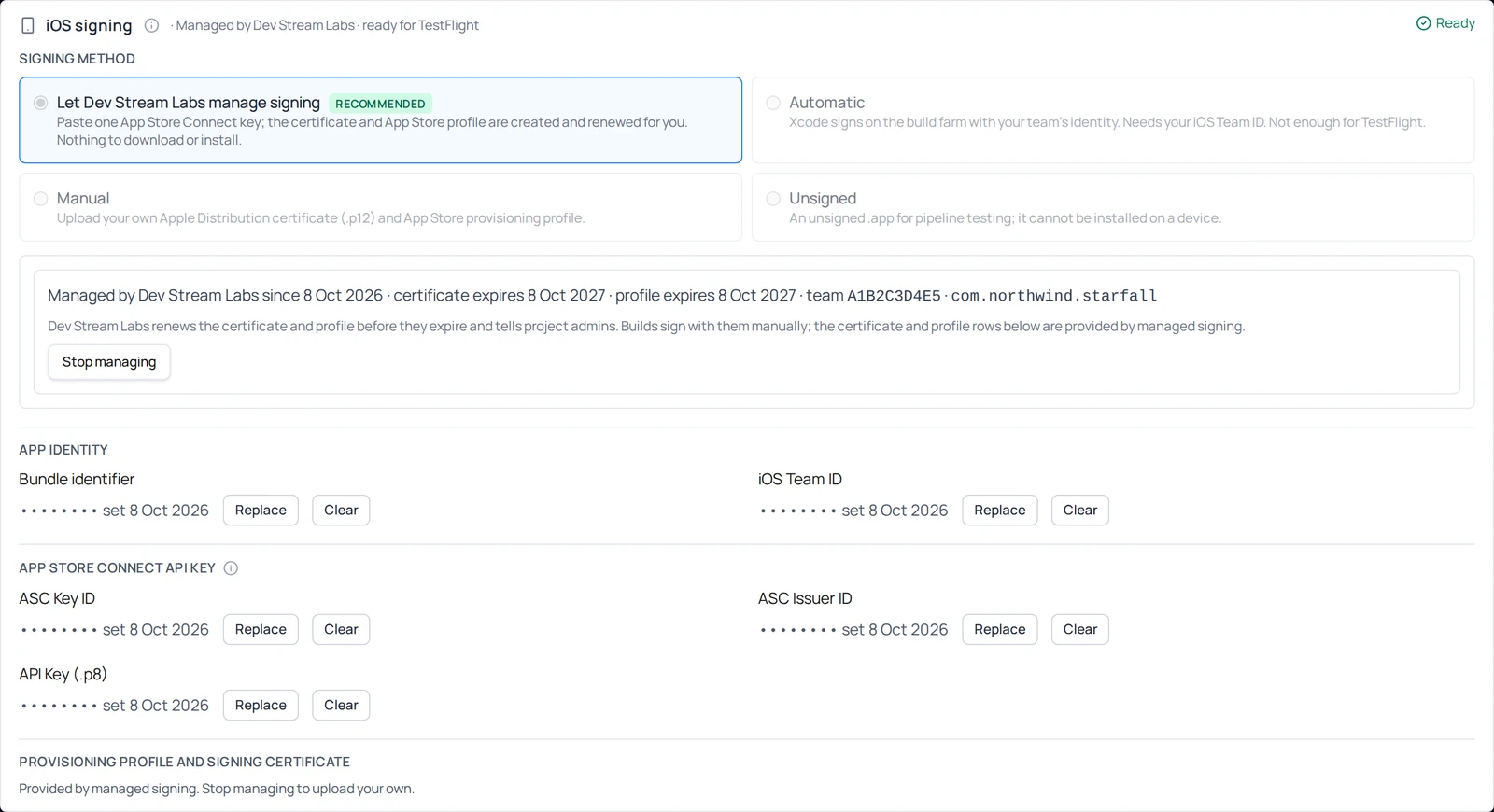 The iOS signing section of a branch with managed signing on: the header reads Managed by Dev Stream Labs · ready for TestFlight · Ready; the Signing method chooser is locked on Let Dev Stream Labs manage signing; the box below shows the date it started, the certificate and profile expiry dates, the team ID and the bundle identifier, with a Stop managing button; under it the bundle identifier, team ID and the three App Store Connect key fields show as set with Replace and Clear buttons, and the certificate and profile rows read Provided by managed signing.