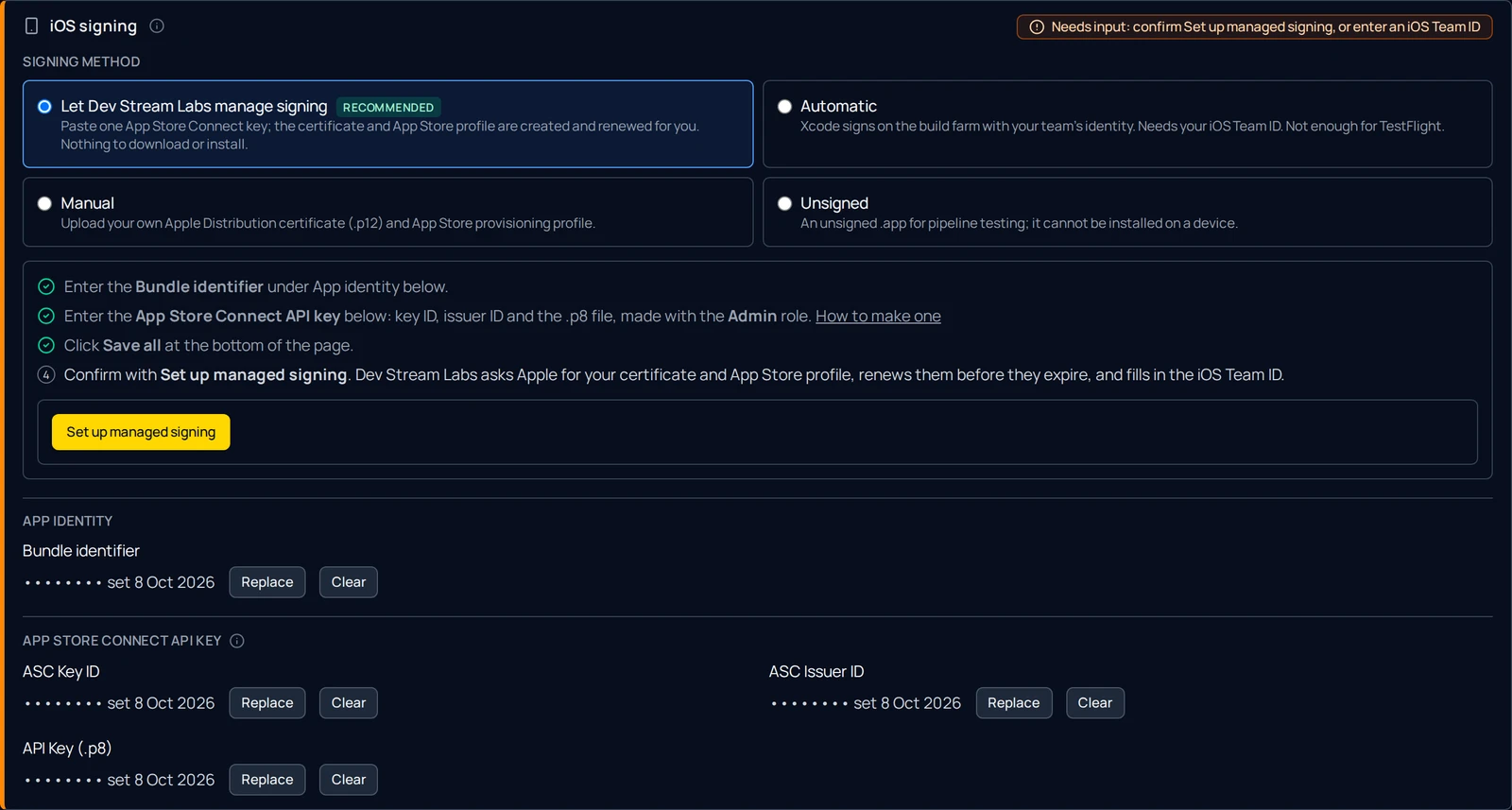 The iOS signing section of a new branch, ready to confirm: under Signing method the Let Dev Stream Labs manage signing option is selected and marked Recommended, beside Automatic, Manual and Unsigned; the step list below it shows the bundle identifier, the App Store Connect API key and Save all ticked, with step 4, Confirm with Set up managed signing, open and a lit Set up managed signing button; under App identity only the bundle identifier shows, stored, and the three App Store Connect key fields show as stored with Replace and Clear buttons.