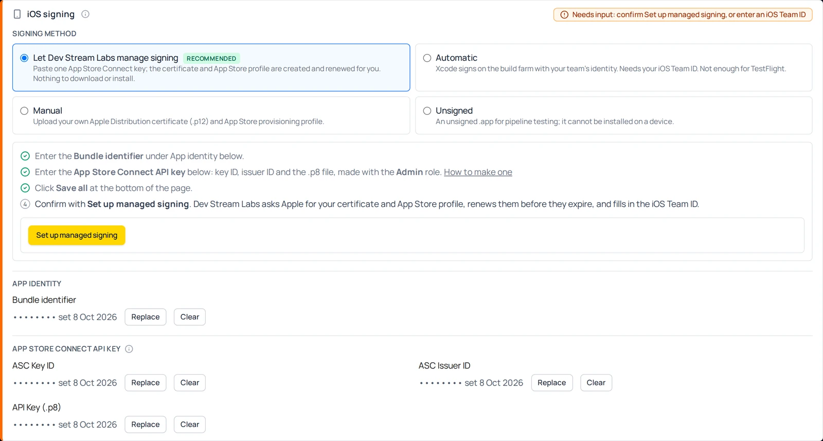 The iOS signing section of a new branch, ready to confirm: under Signing method the Let Dev Stream Labs manage signing option is selected and marked Recommended, beside Automatic, Manual and Unsigned; the step list below it shows the bundle identifier, the App Store Connect API key and Save all ticked, with step 4, Confirm with Set up managed signing, open and a lit Set up managed signing button; under App identity only the bundle identifier shows, stored, and the three App Store Connect key fields show as stored with Replace and Clear buttons.
