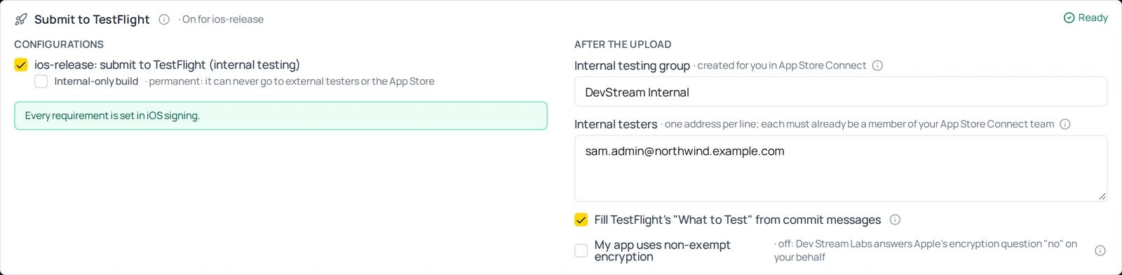 The Submit to TestFlight section of a branch: the header reads On for ios-release · Ready; under Configurations the ios-release checkbox is on with the Internal-only build option beneath it and a green line saying every requirement is set in iOS signing; under After the upload are the internal testing group name, the internal testers list, the What to Test checkbox and the non-exempt encryption checkbox.