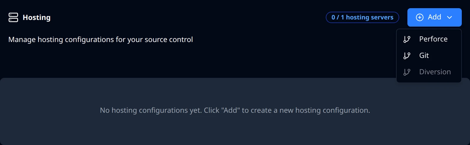 The Add menu open on the Hosting page, listing Perforce, Git and a disabled Diversion item.