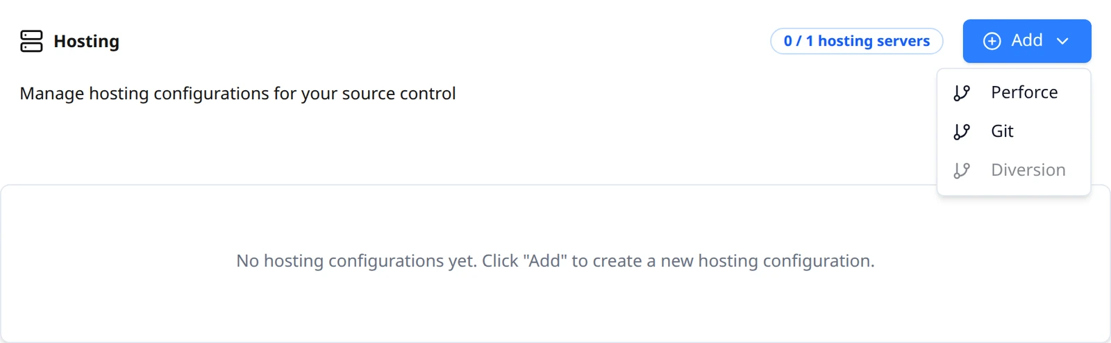 The Add menu open on the Hosting page, listing Perforce, Git and a disabled Diversion item.