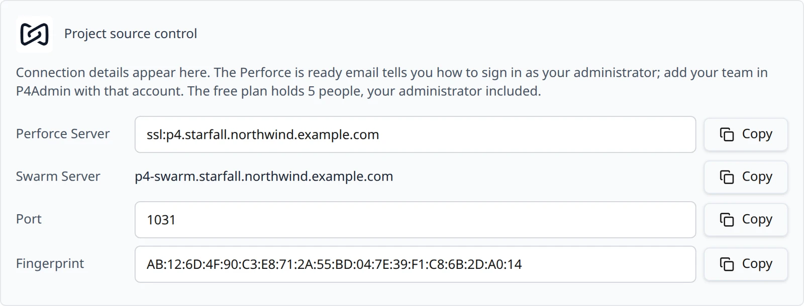 The Project source control card on a Free server: the one-line plan summary, then Perforce Server, Swarm Server, Port and Fingerprint rows, each with a Copy button.