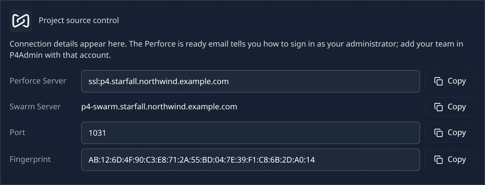 The Project source control card on a Team server: the one-line plan summary, then Perforce Server, Swarm Server, Port and Fingerprint rows with Copy buttons.