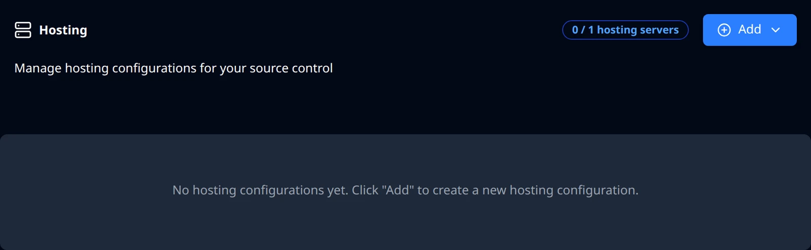 The Hosting page with no servers: the 0 / 1 hosting servers counter, the Add button, and the empty-state message.