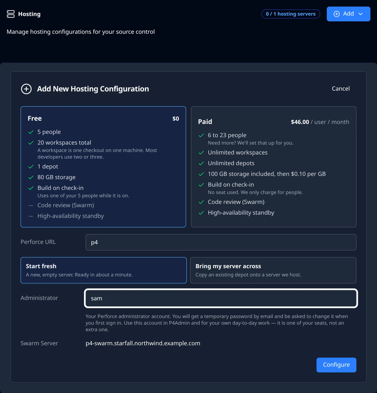 The Add New Hosting Configuration form on the Free plan with Perforce URL set to p4, the Administrator field set to sam with its explanation underneath, Start fresh selected, the Swarm Server preview, and the Configure button.