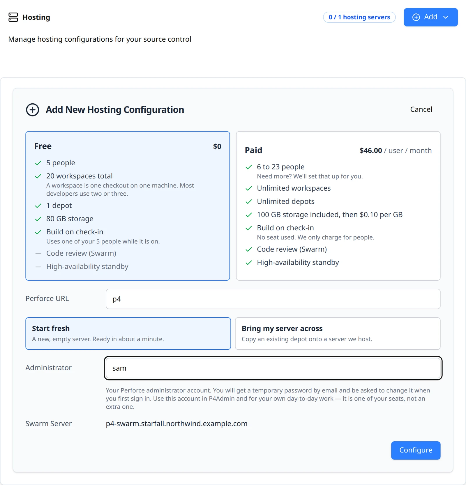 The Add New Hosting Configuration form on the Free plan with Perforce URL set to p4, the Administrator field set to sam with its explanation underneath, Start fresh selected, the Swarm Server preview, and the Configure button.