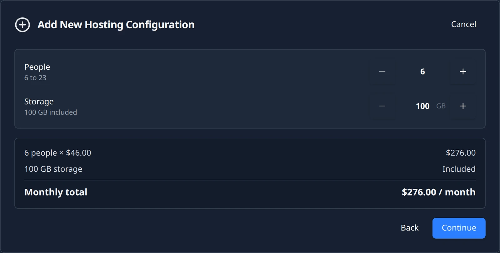 The plan configurator: a People stepper set to 6 with the hint 6 to 23, a Storage stepper set to 100 GB with the hint 100 GB included, a quote with the per-person line and the monthly total, and Back and Continue buttons.