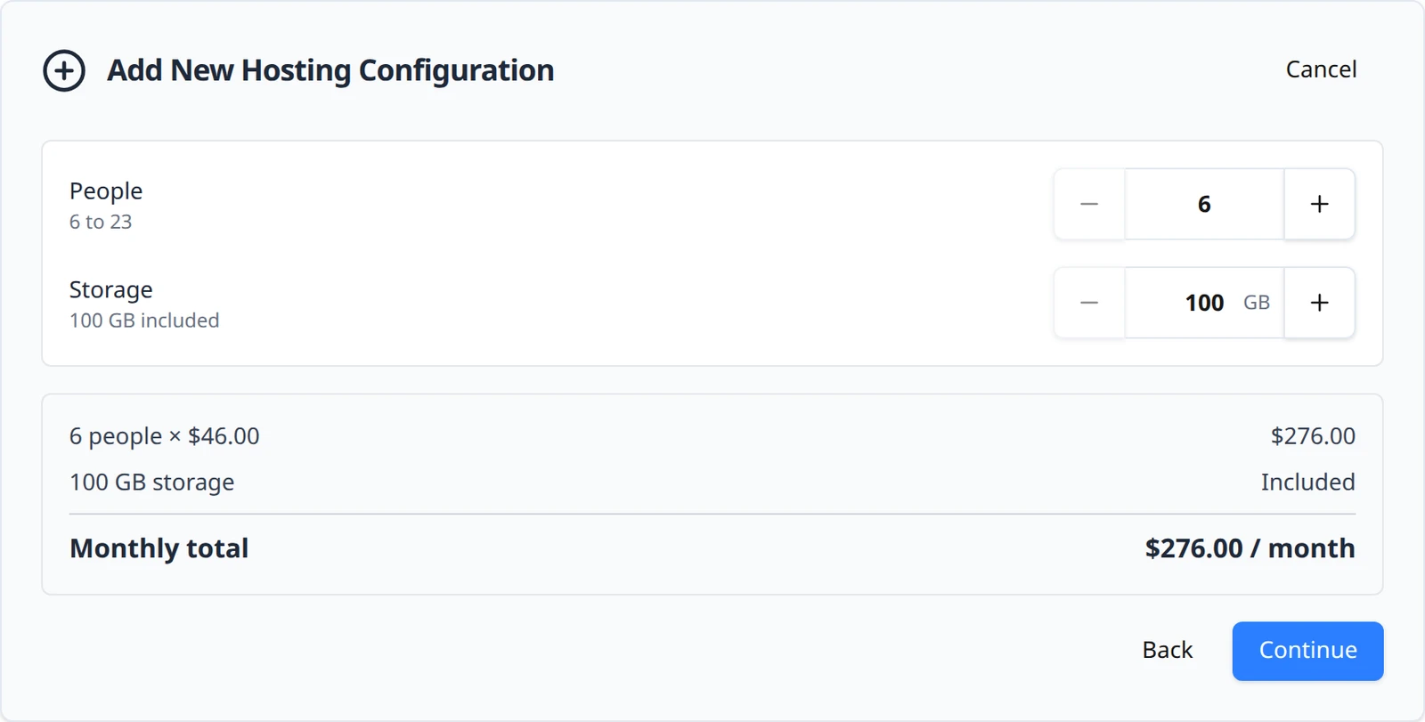 The plan configurator: a People stepper set to 6 with the hint 6 to 23, a Storage stepper set to 100 GB with the hint 100 GB included, a quote with the per-person line and the monthly total, and Back and Continue buttons.