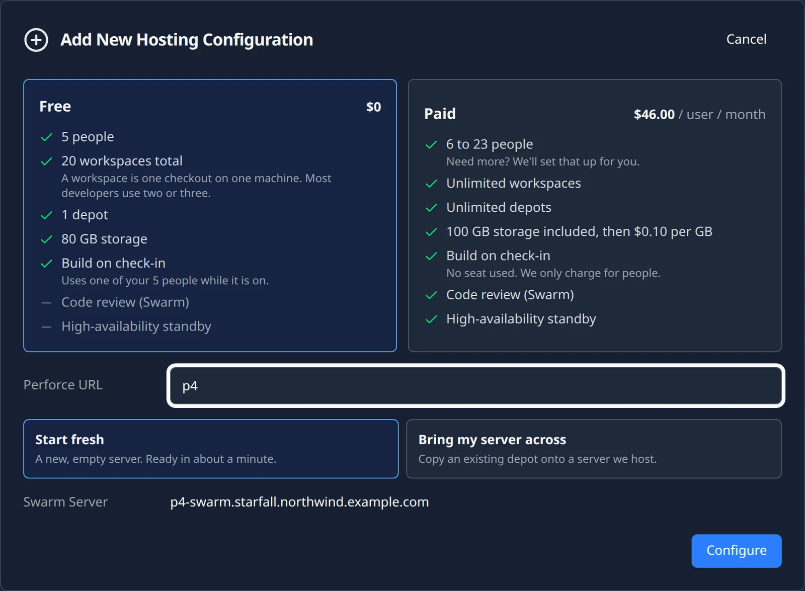 The Add New Hosting Configuration form with the Free card selected: 5 people, 20 workspaces total, 1 depot, 80 GB storage, Build on check-in, and Code review and High-availability standby crossed out; the Paid card beside it; the Perforce URL field; the Start fresh and Bring my server across choices; the Swarm Server preview; and the Configure button.
