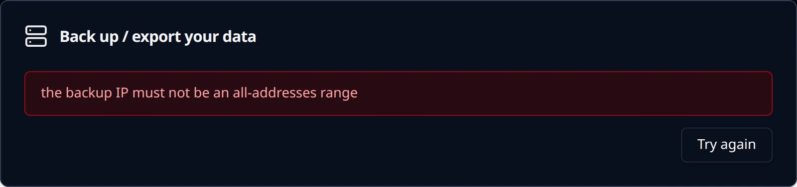 The panel after a failed setup: the error reason in red and a Try again button.
