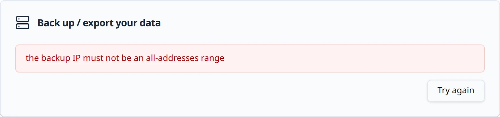 The panel after a failed setup: the error reason in red and a Try again button.