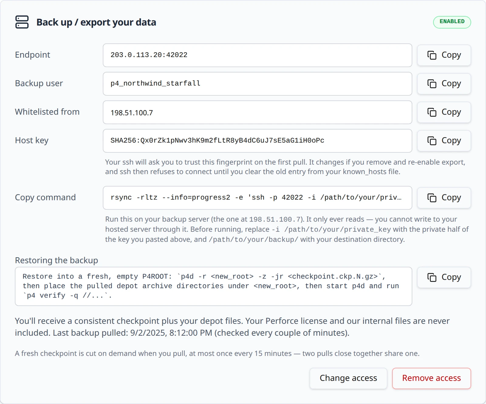 The enabled panel: Endpoint, Backup user, Whitelisted from and Host key rows with Copy buttons, the known_hosts note under the host key, the Copy command block, the Restoring the backup instructions, the last-pulled line, and Change access and Remove access buttons.