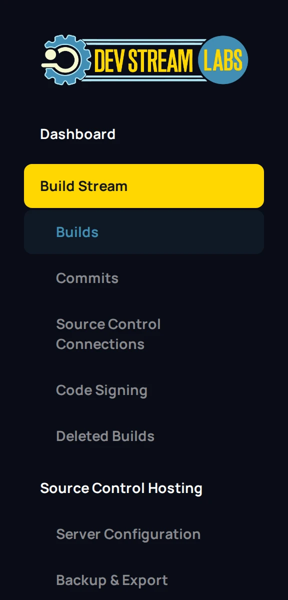 The project sidebar with the Source Control Hosting section expanded, showing Server Configuration and Backup & Export.