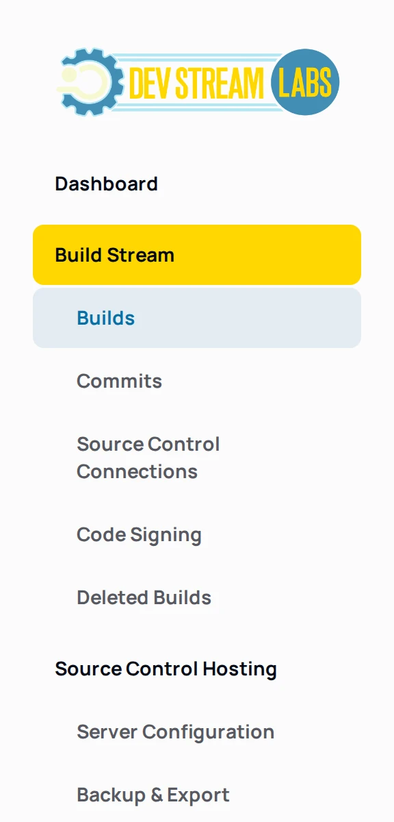 The project sidebar with the Source Control Hosting section expanded, showing Server Configuration and Backup & Export.