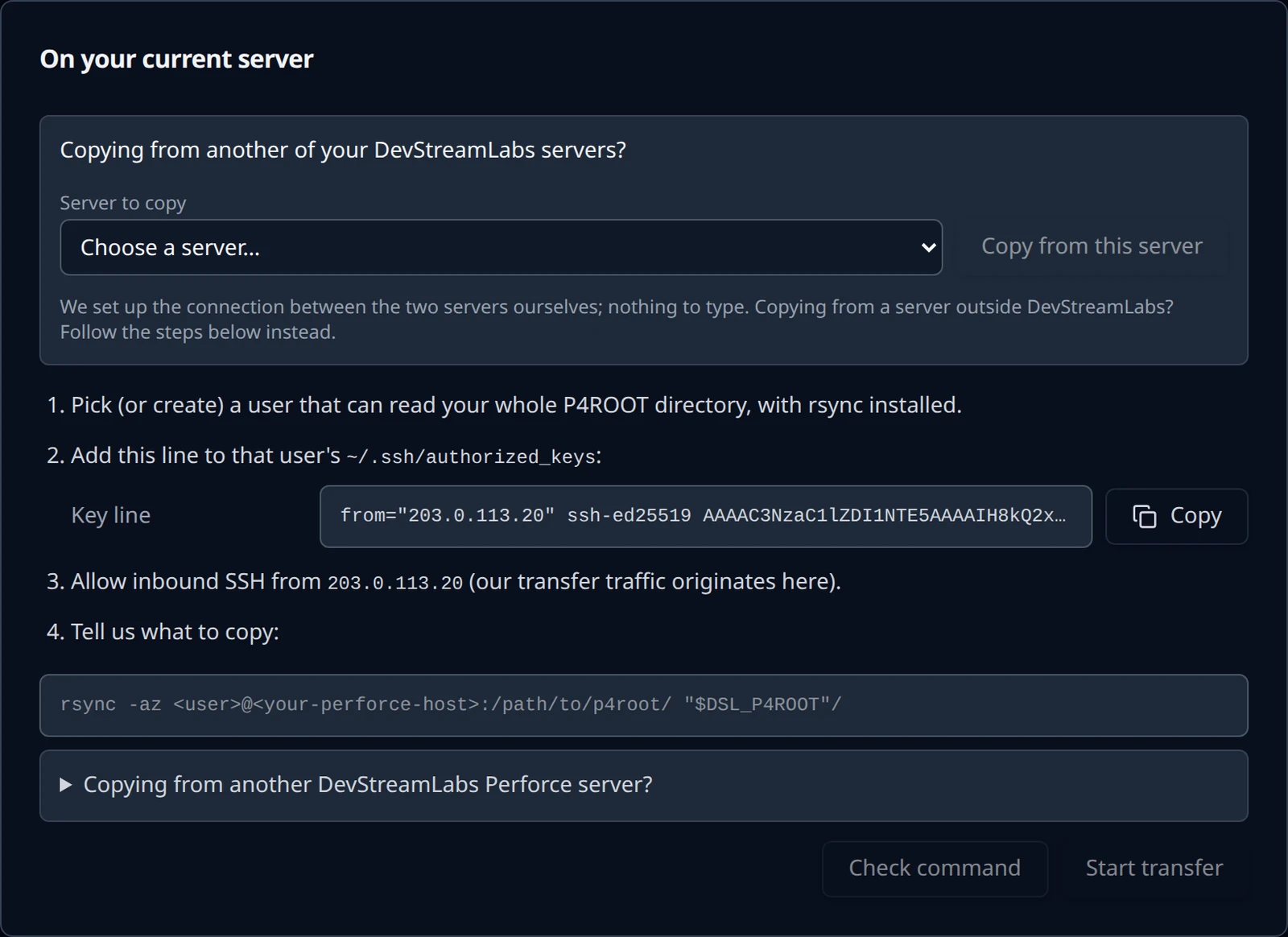 The On your current server card with the Copying from another of your DevStreamLabs servers? box: a Server to copy dropdown reading Choose a server…, the Copy from this server button, and the note that we set up the connection ourselves; the manual key line, address and rsync steps below it.