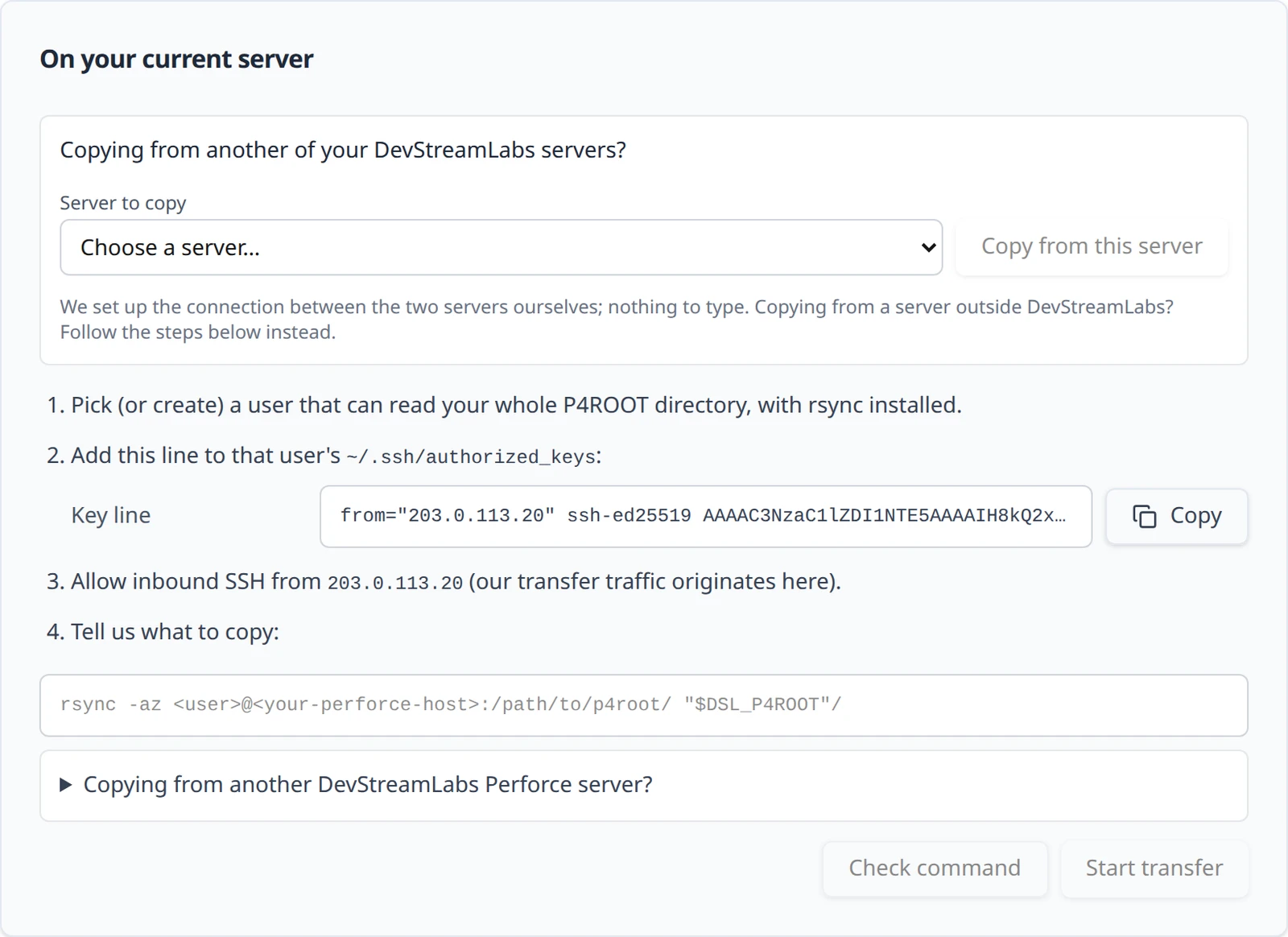 The On your current server card with the Copying from another of your DevStreamLabs servers? box: a Server to copy dropdown reading Choose a server…, the Copy from this server button, and the note that we set up the connection ourselves; the manual key line, address and rsync steps below it.