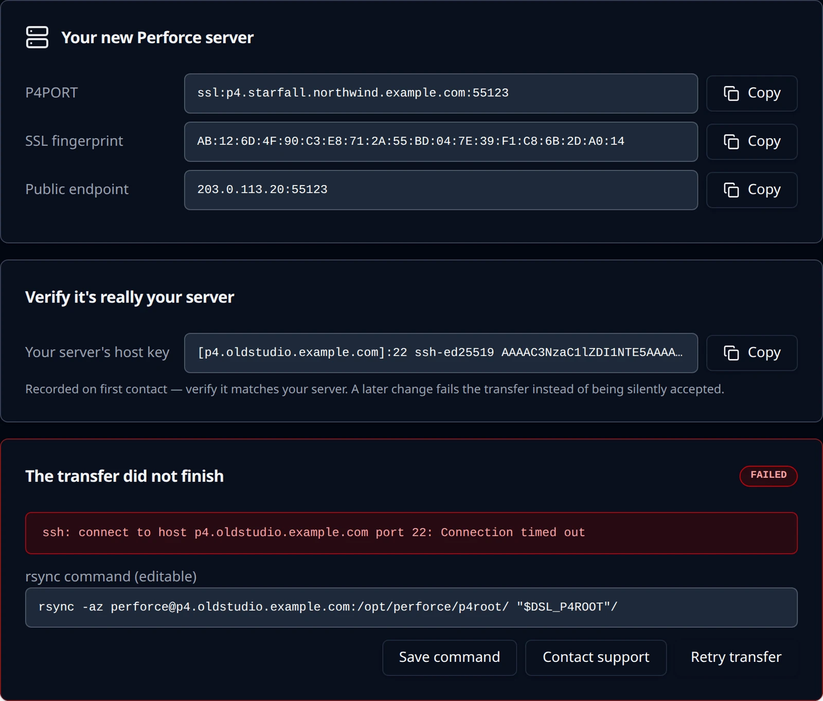 The transfer did not finish card showing an SSH connection timeout, the editable command, and Save command, Contact support and Retry transfer buttons.