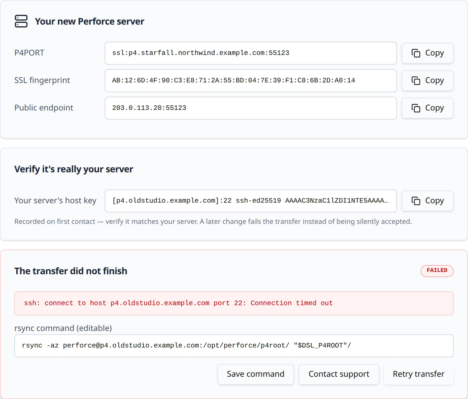 The transfer did not finish card showing an SSH connection timeout, the editable command, and Save command, Contact support and Retry transfer buttons.