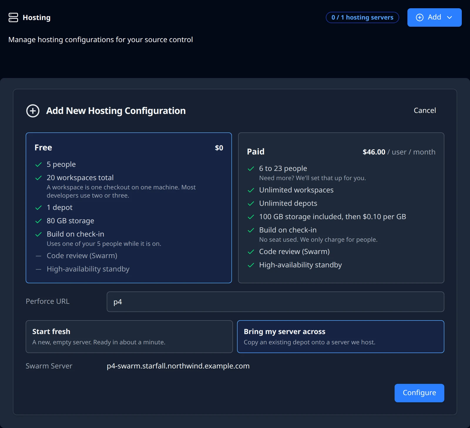 The Add New Hosting Configuration form with Bring my server across selected.
