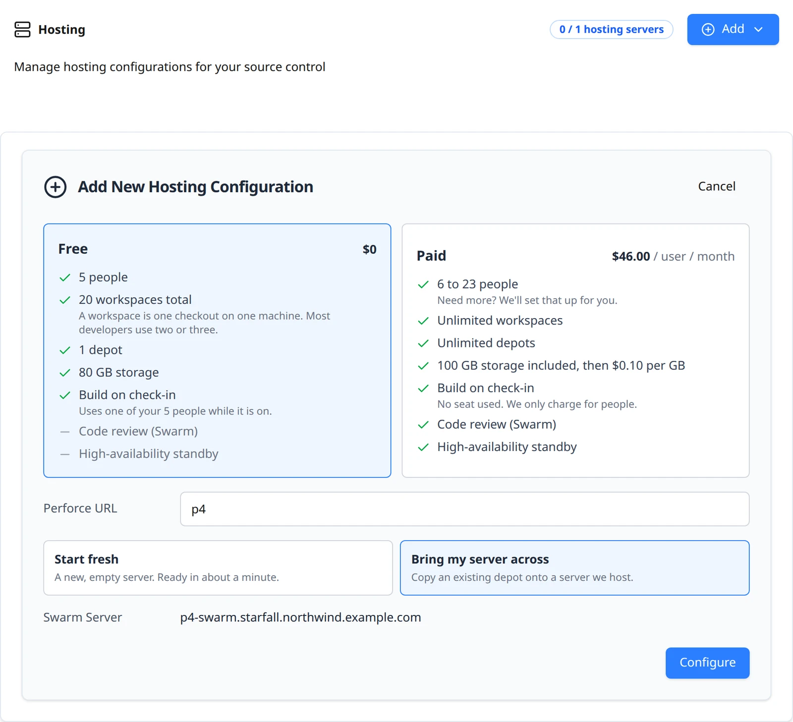 The Add New Hosting Configuration form with Bring my server across selected.