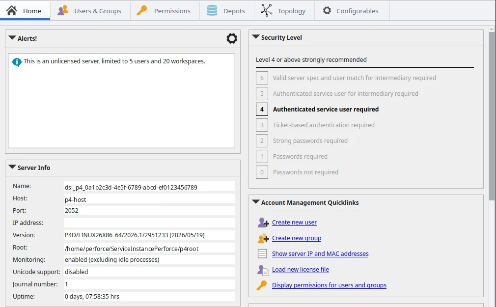 P4Admin's Home tab: an Alerts panel reading This is an unlicensed server, limited to 5 users and 20 workspaces, a Server Info table with name, host, port, version and security level, and the Security Level panel with level 4 highlighted.