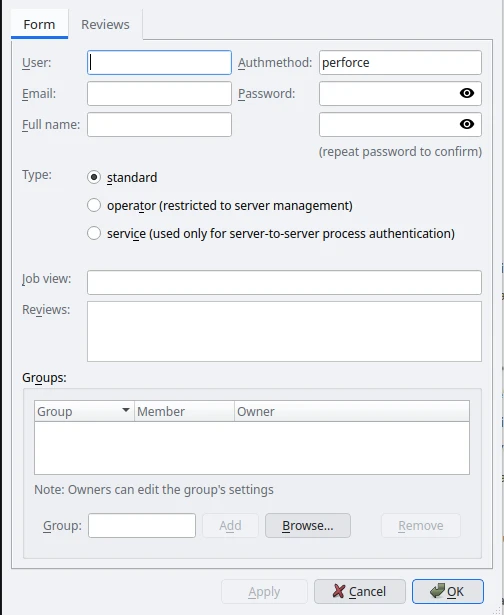 P4Admin's User: New form with empty User, Email, Full name and Password fields, Authmethod perforce, the Type radio set to standard with operator and service as the other options, and Apply, Cancel and OK buttons.