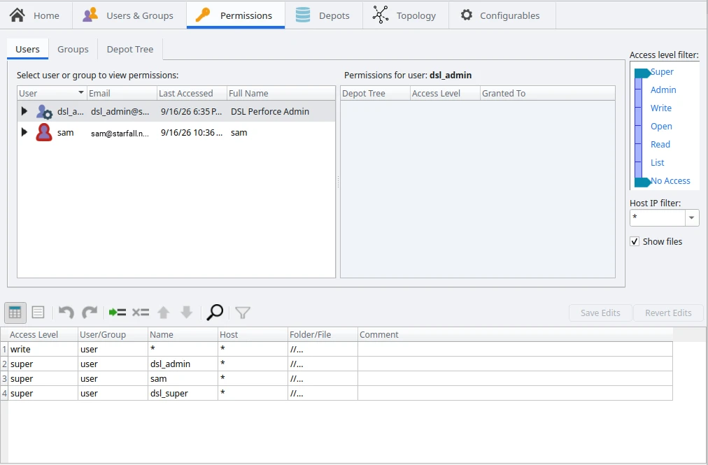 P4Admin's Permissions tab: the user list on the left, an empty per-user permissions pane, and the protections table below with four lines: write for every user, then super for dsl_admin, sam and dsl_super.