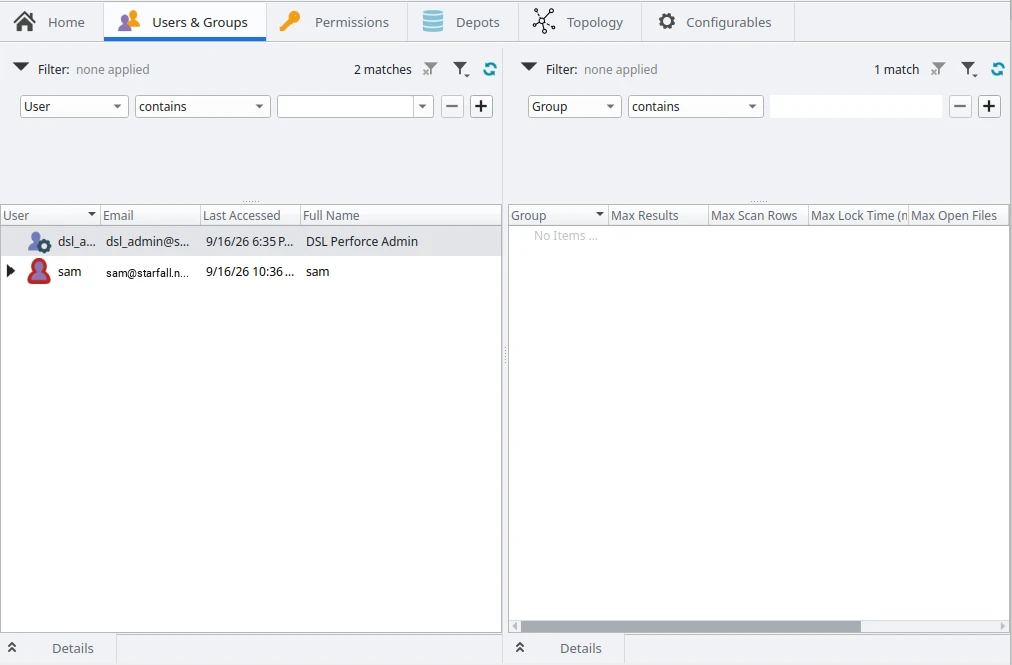 P4Admin's Users & Groups tab on a new server: the user list with dsl_admin (DSL Perforce Admin) and sam, each with email and last-accessed time, and an empty Groups list on the right.