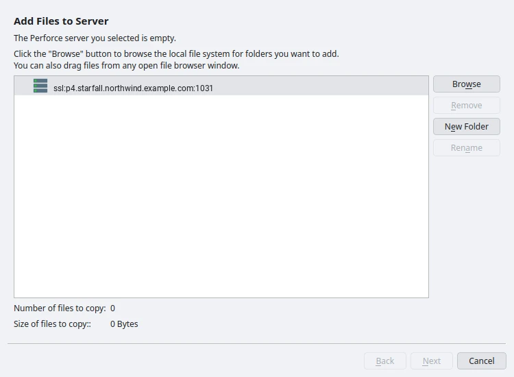 P4V's Add Files Wizard on its Add Files to Server page: the sentence The Perforce server you selected is empty, an empty tree with the server as its root, and Browse, Remove, New Folder and Rename buttons.