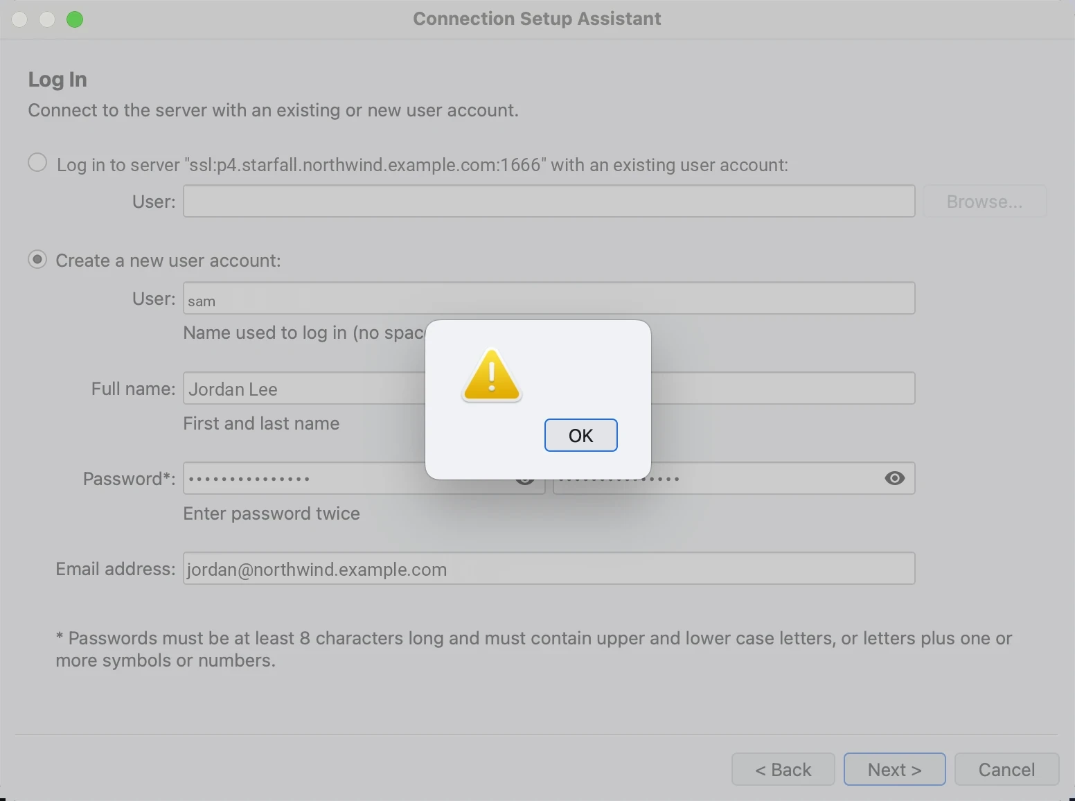 P4V's Connection Setup Assistant on its Log In page with Create a new user account selected and the administrator username sam typed in, and a warning dialog that shows only a warning icon and an OK button, with no message text.