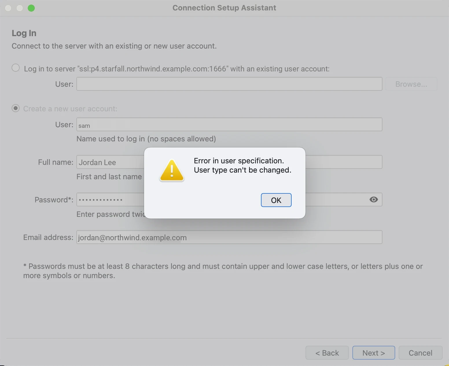 P4V's Connection Setup Assistant on its Log In page with Create a new user account selected and the administrator username sam typed in, and an error dialog reading Error in user specification. User type can't be changed.