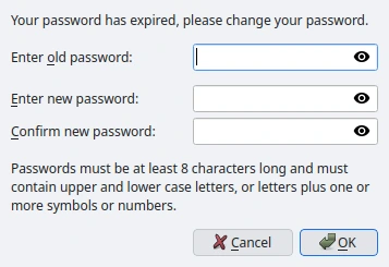 P4V's Change Password dialog with empty fields for the old password, the new password and its confirmation, and the password policy sentence.