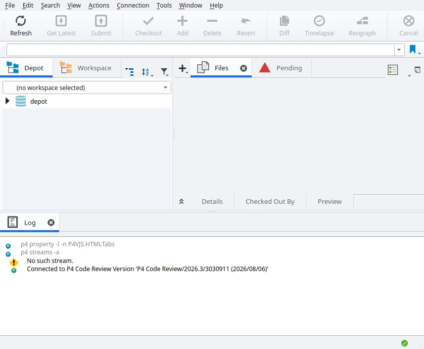 P4V's main window connected to the server: the Depot tab with the depot root, no workspace selected, and a Log pane ending in Connected to P4 Code Review.