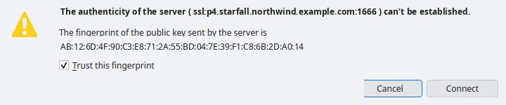 P4V's Perforce Fingerprint Required dialog: the authenticity of the server can't be established, the fingerprint of the public key sent by the server, a ticked Trust this fingerprint checkbox, and Cancel and Connect buttons.