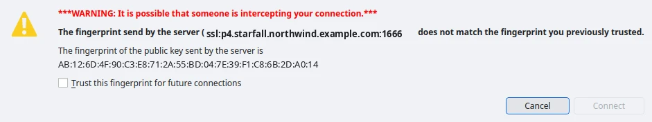 P4V's Perforce Fingerprint Required dialog warning that someone may be intercepting the connection, that the fingerprint sent by the server does not match the one previously trusted, the fingerprint value, an unticked Trust this fingerprint checkbox, and Cancel and Connect buttons.