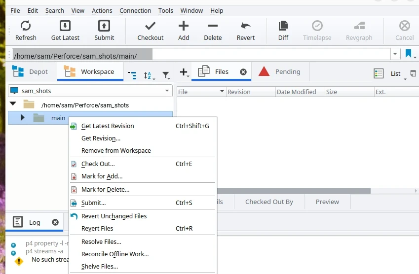 P4V's Workspace tab with the workspace root expanded and the main folder selected, and its context menu open showing Get Latest Revision, Check Out, Mark for Add, Mark for Delete, Submit and the other folder actions.