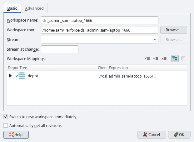 P4V's Workspace: New dialog with a proposed workspace name and root, an empty Stream field, one Workspace Mappings row for the depot, and the Switch to new workspace immediately checkbox ticked.
