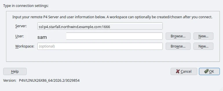 P4V's Open Connection dialog with the Server field set to the ssl address and port, the User field set to the administrator username sam and the Workspace field empty.