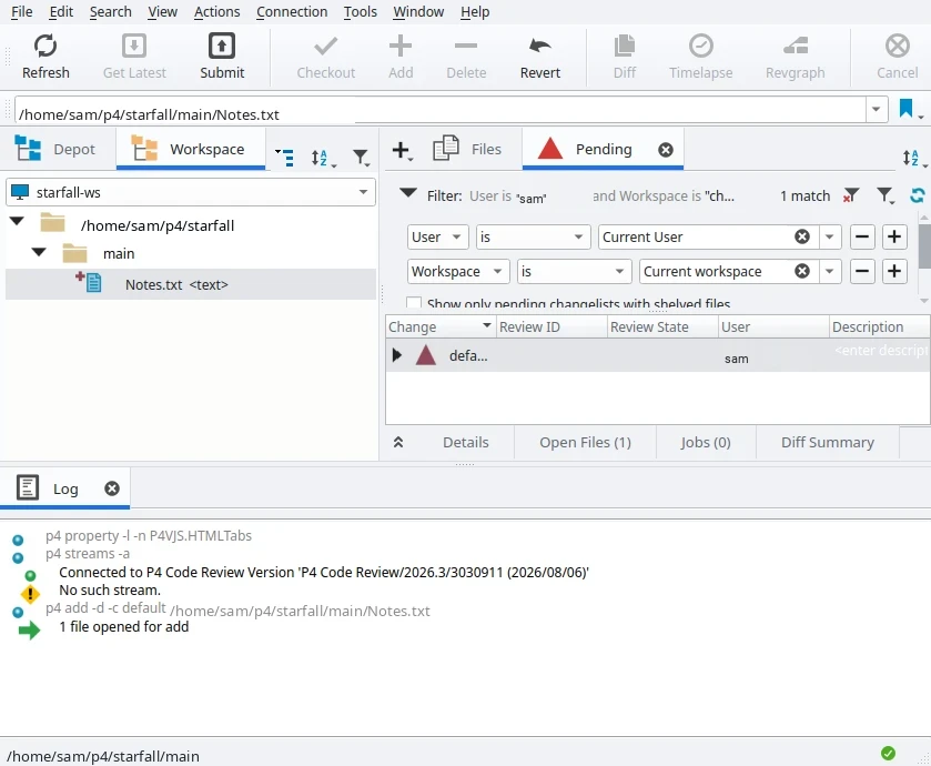 P4V's main window with Notes.txt marked for add under main in the Workspace tab, and the Pending tab showing the default changelist for the user sam with one open file.