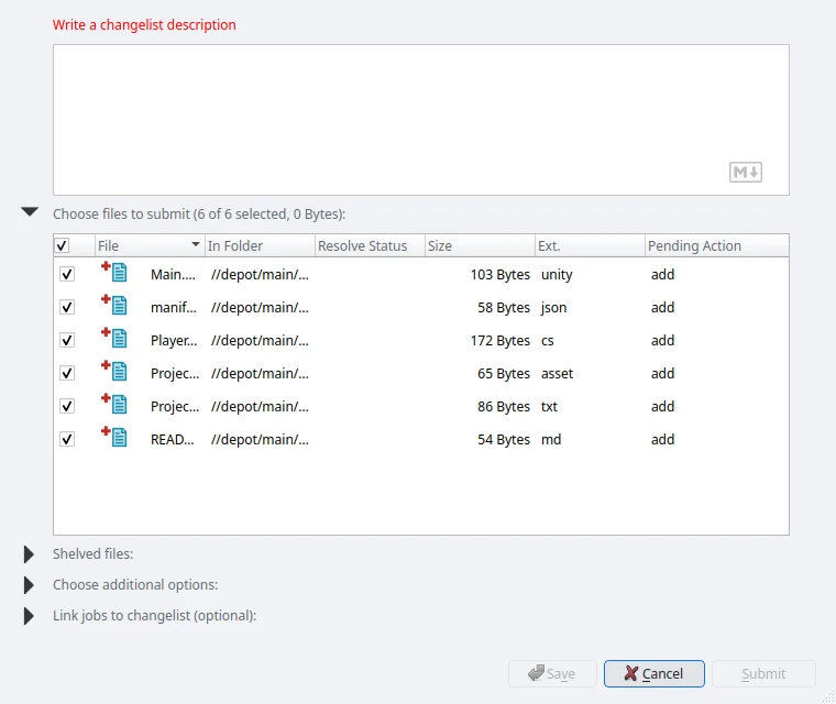 P4V's Submit Changelist dialog for the default changelist: the description box with the hint Write a changelist description, and a Choose files to submit list of six files under //depot/main with sizes, extensions and the pending action add.