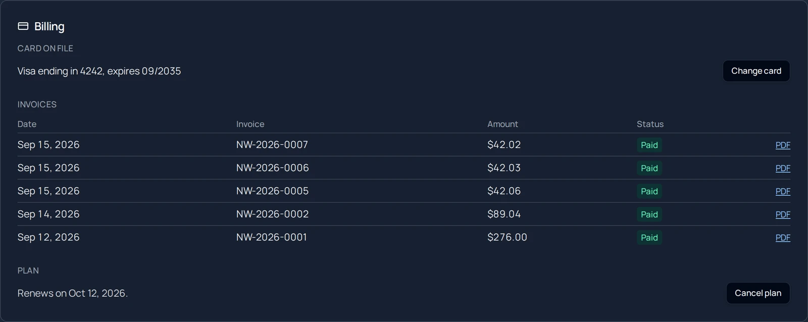 The Billing panel on a Team plan server: Card on file with a Change card button, an Invoices table with five paid invoices and PDF links, and the Plan line Renews on a date with a Cancel plan button.