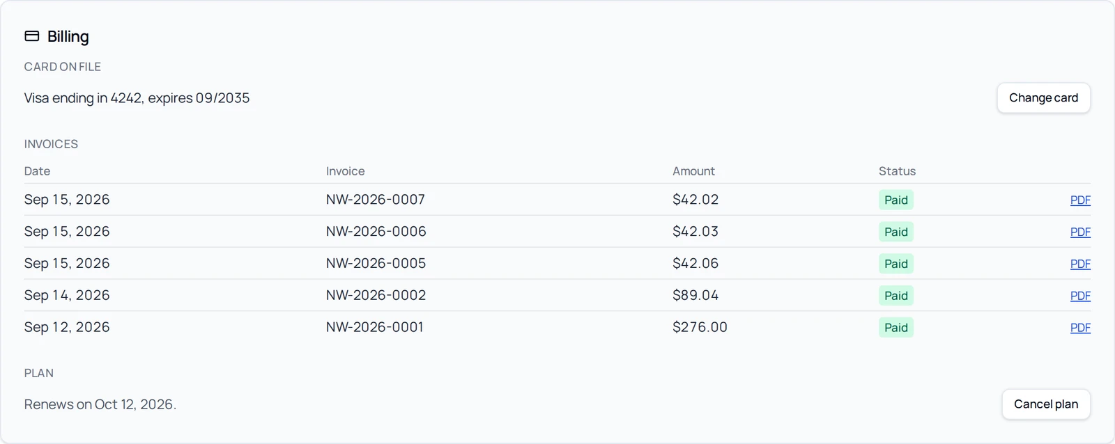 The Billing panel on a Team plan server: Card on file with a Change card button, an Invoices table with five paid invoices and PDF links, and the Plan line Renews on a date with a Cancel plan button.