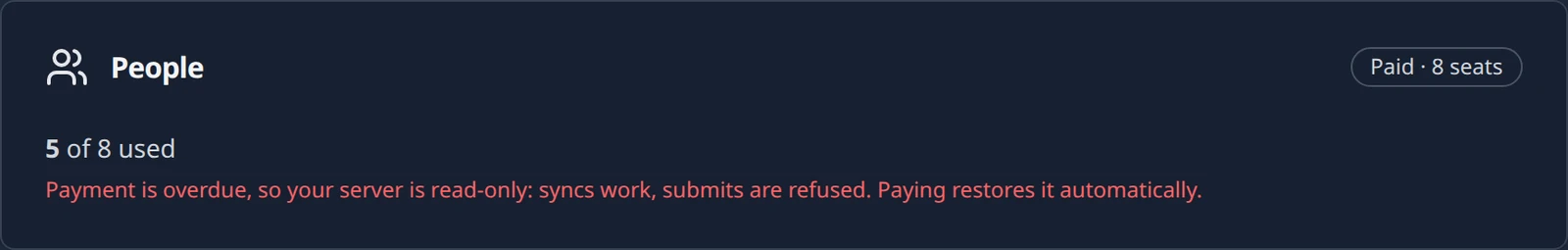 The People panel once payment is overdue, with the sentence that the server is read-only, syncs work and submits are refused.