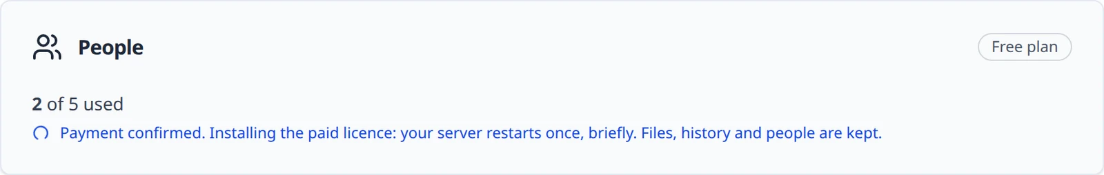 The People panel while the paid licence is installed, with the sentence about the server restarting once.