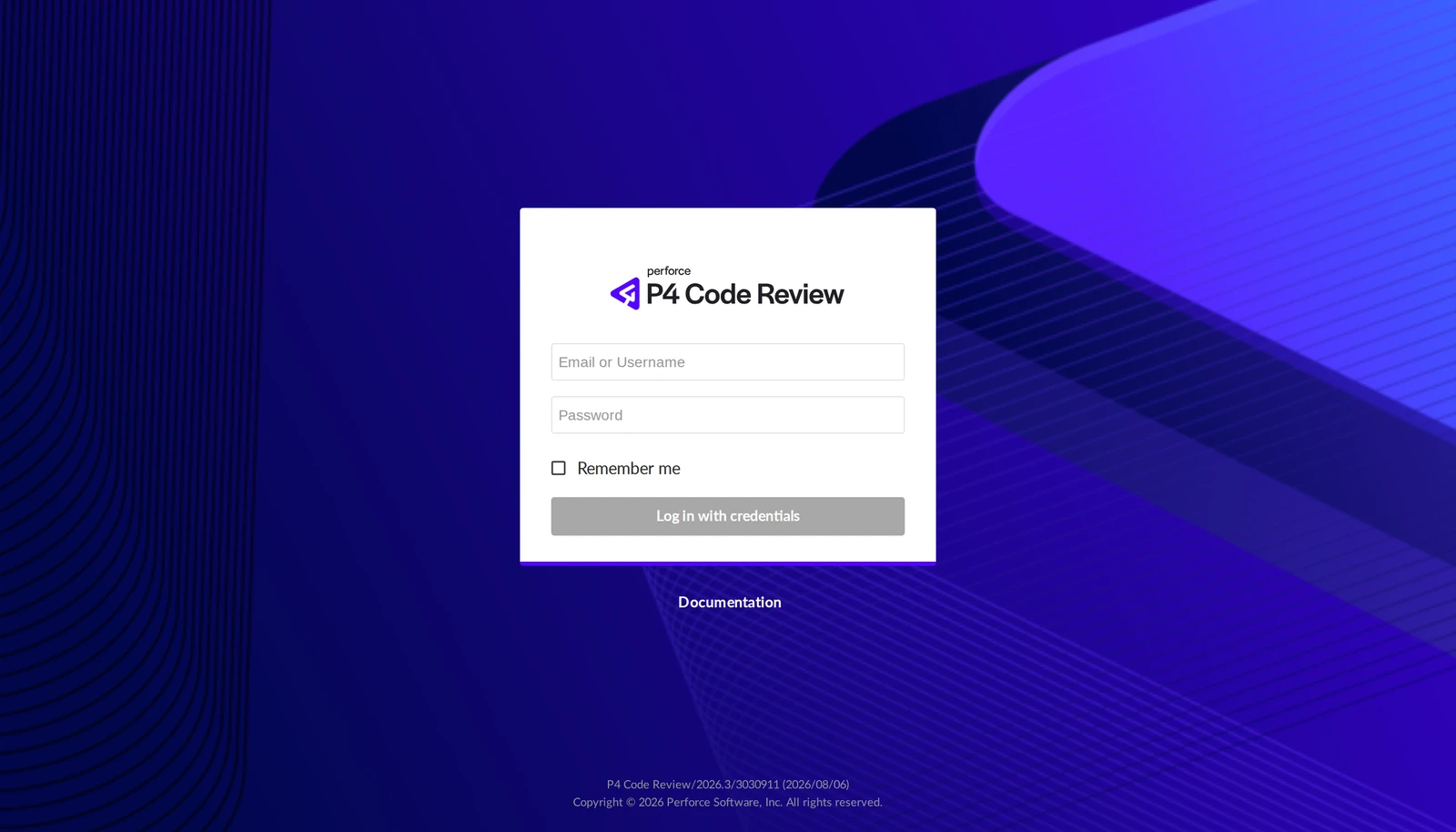 The P4 Code Review login page: fields for email or username and password, a Remember me checkbox and a Log in with credentials button.