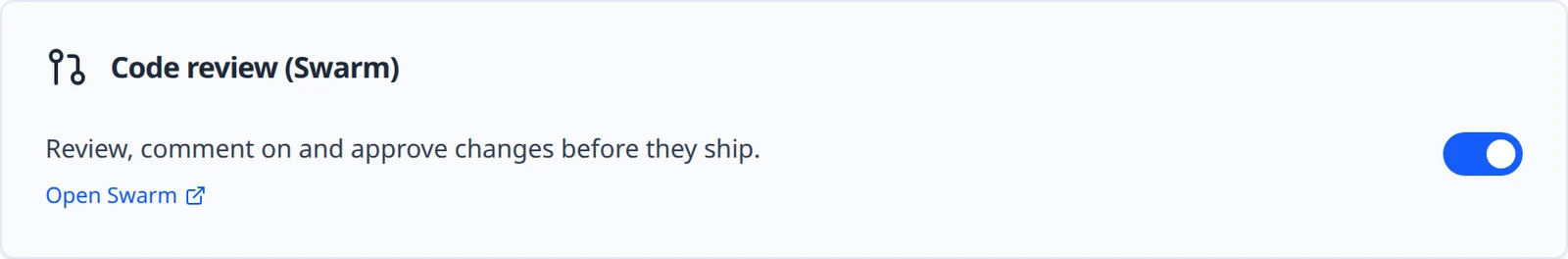 The Code review (Swarm) card on a Team plan server with its switch on and an Open Swarm link.