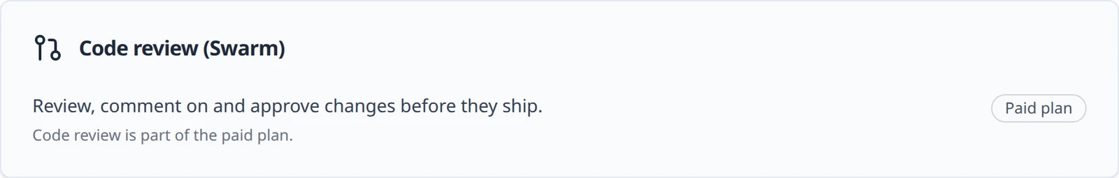 The Code review (Swarm) card on a Free plan server: the description, the sentence Code review is part of the paid plan, and a Paid plan badge.